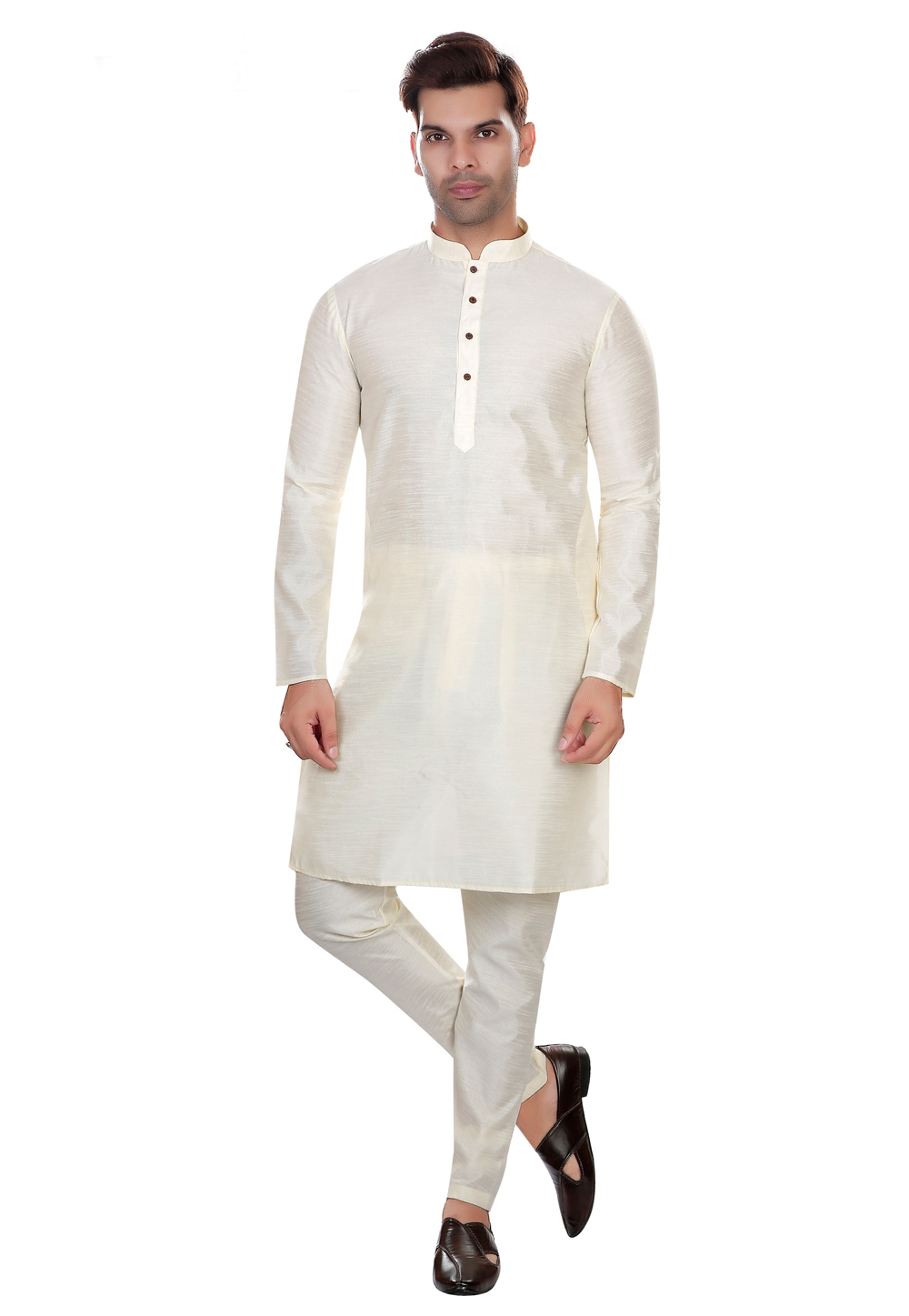Off White Art Silk Kurta Pajama 274774