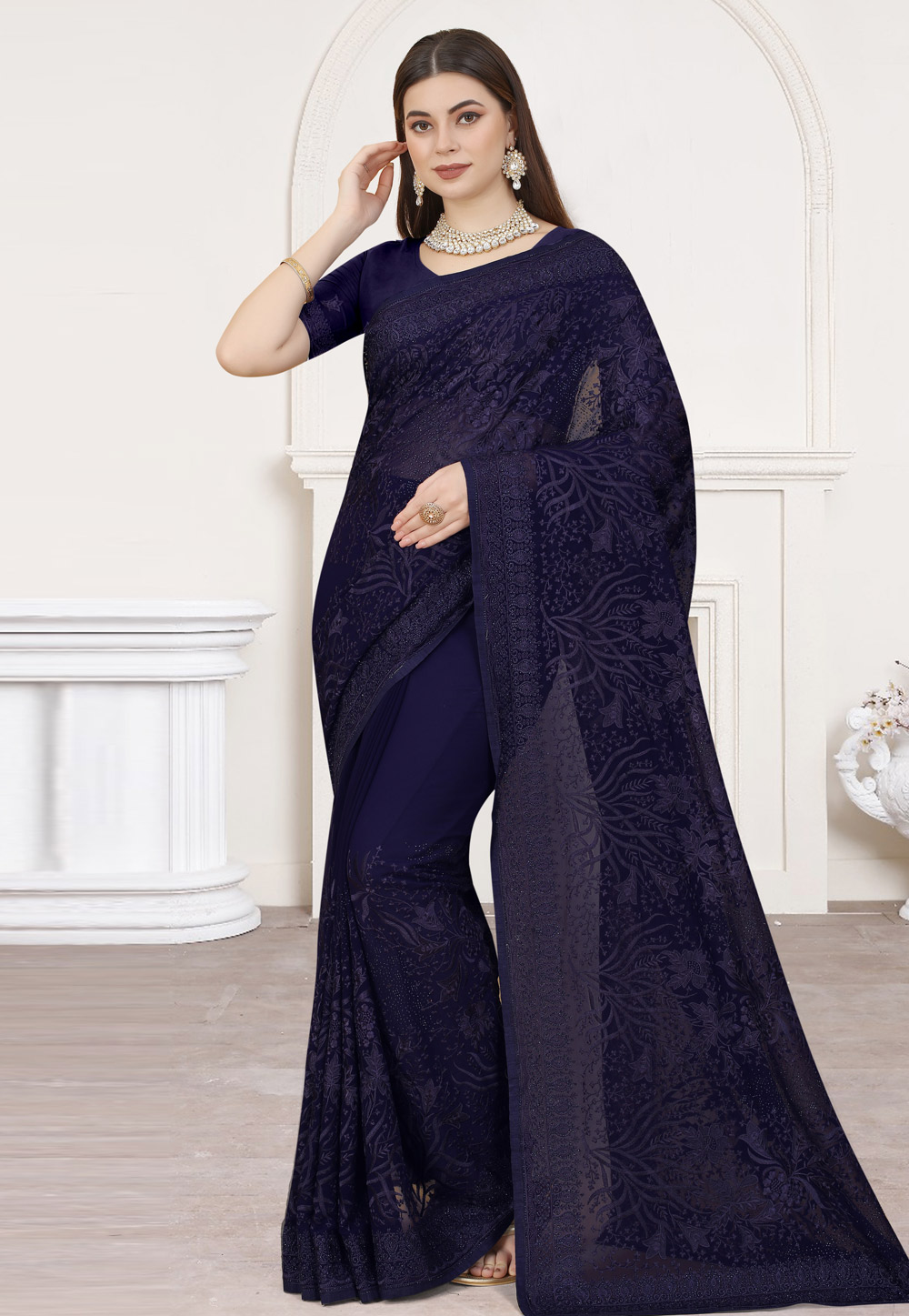 Navy Blue Georgette Saree With Blouse 258353