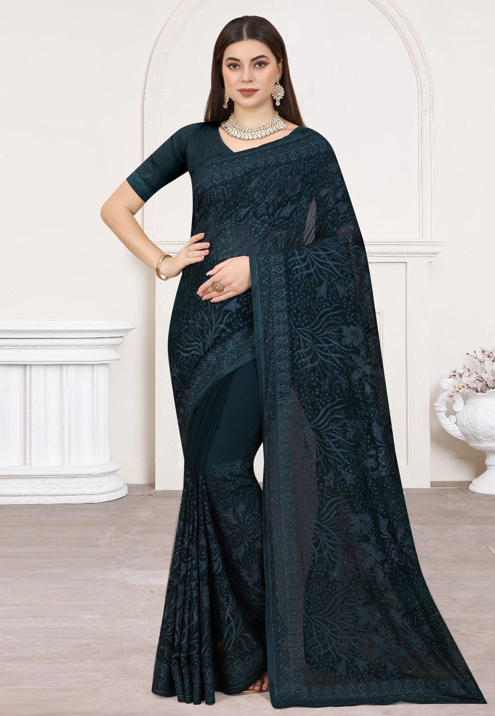 Teal Georgette Saree With Blouse 258354