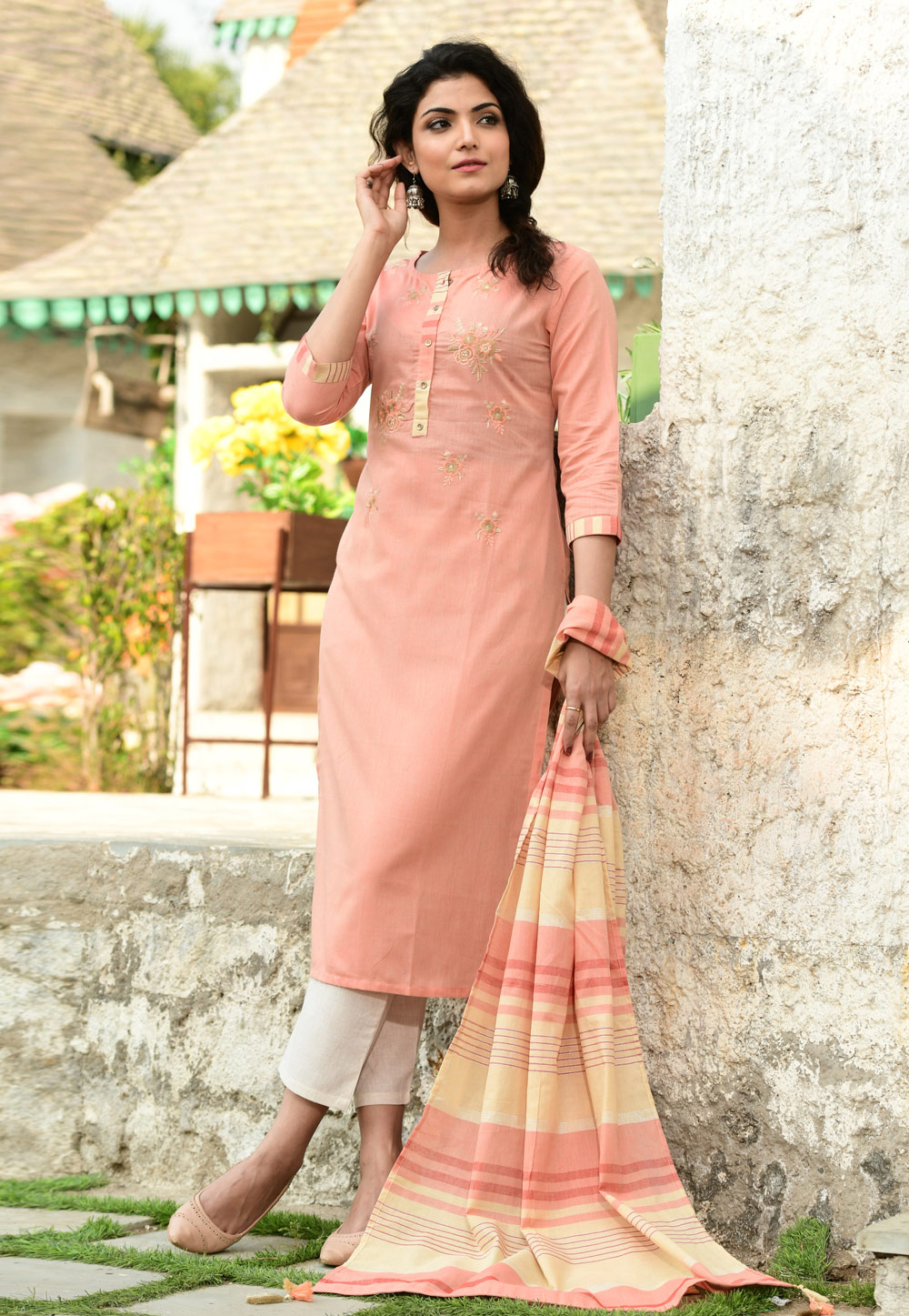 Peach Cotton Readymade Pant Style Suit 223981