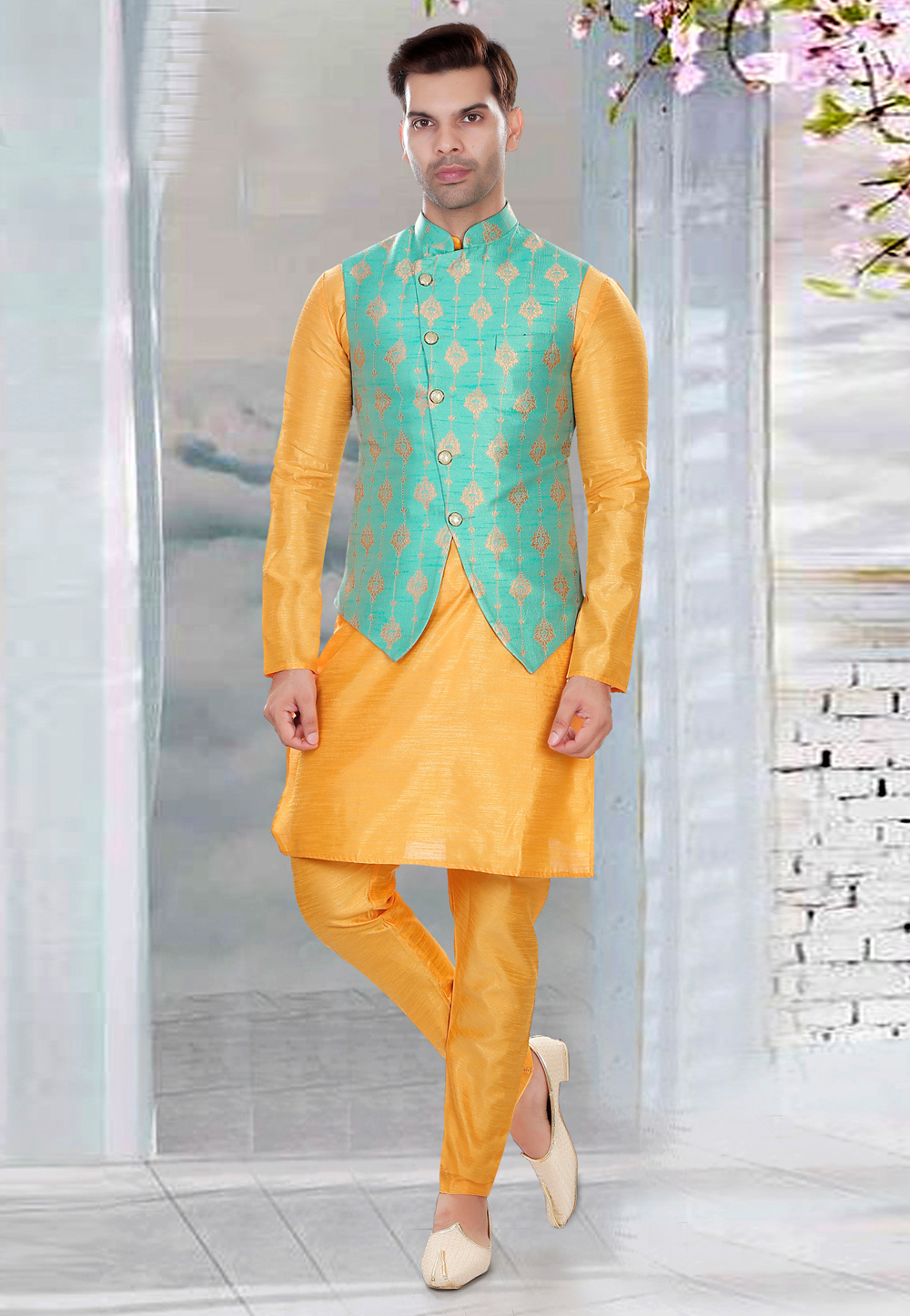 Golden Art Silk Kurta Pajama With Jacket 275140