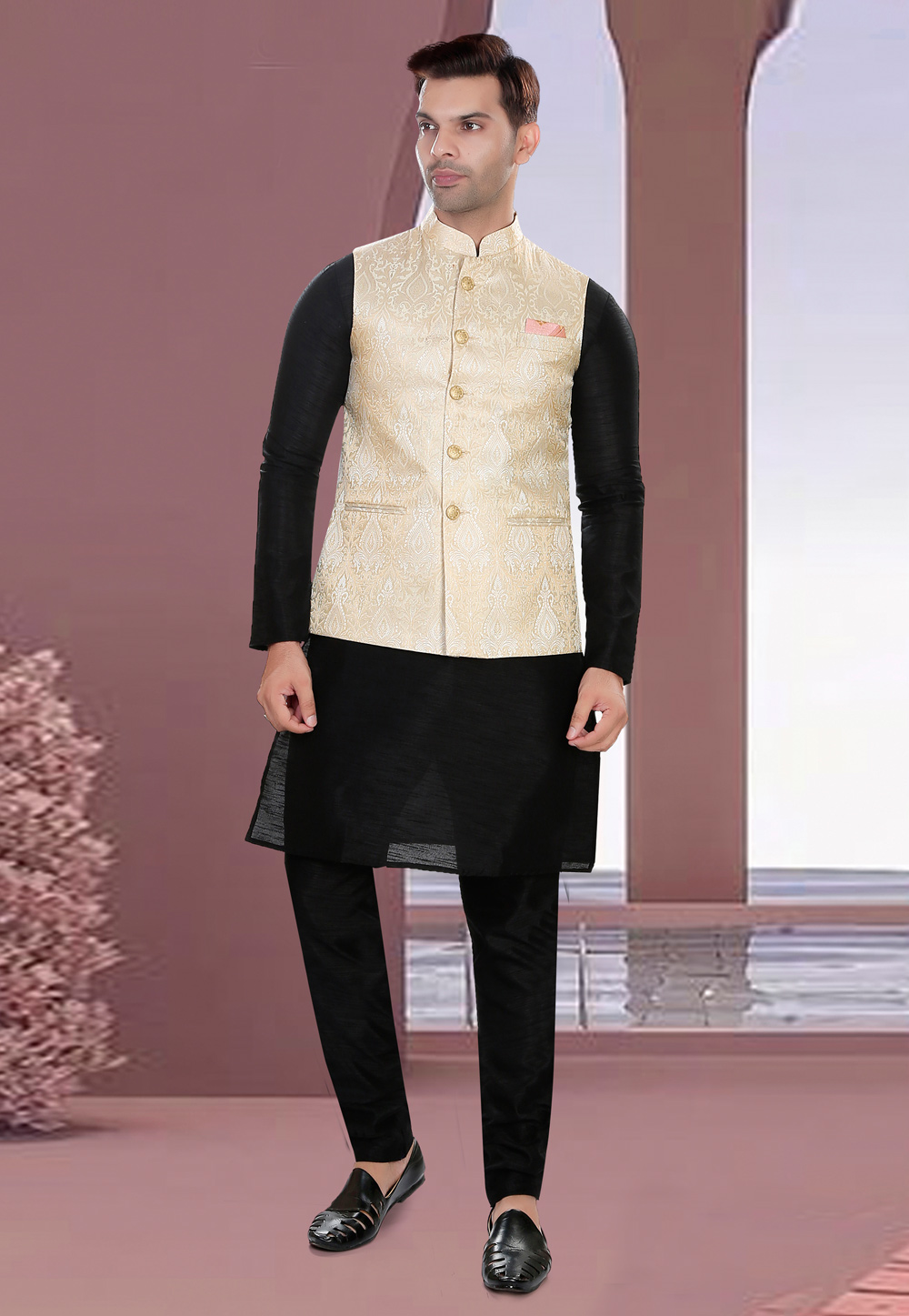Black Art Silk Kurta Pajama With Jacket 275142