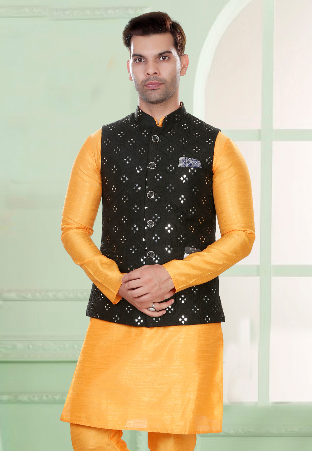 Dupion Silk Gold Men Kurta Ethnic Jacket and Pyjama Set, Size: 38-44 at Rs  1299/piece in New Delhi