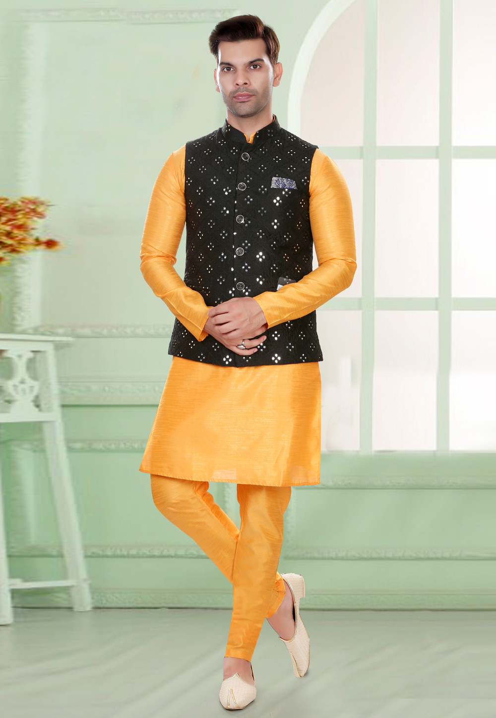 Gold Color Viscose Kurta Pajama With Nehru Jacket 946MW11