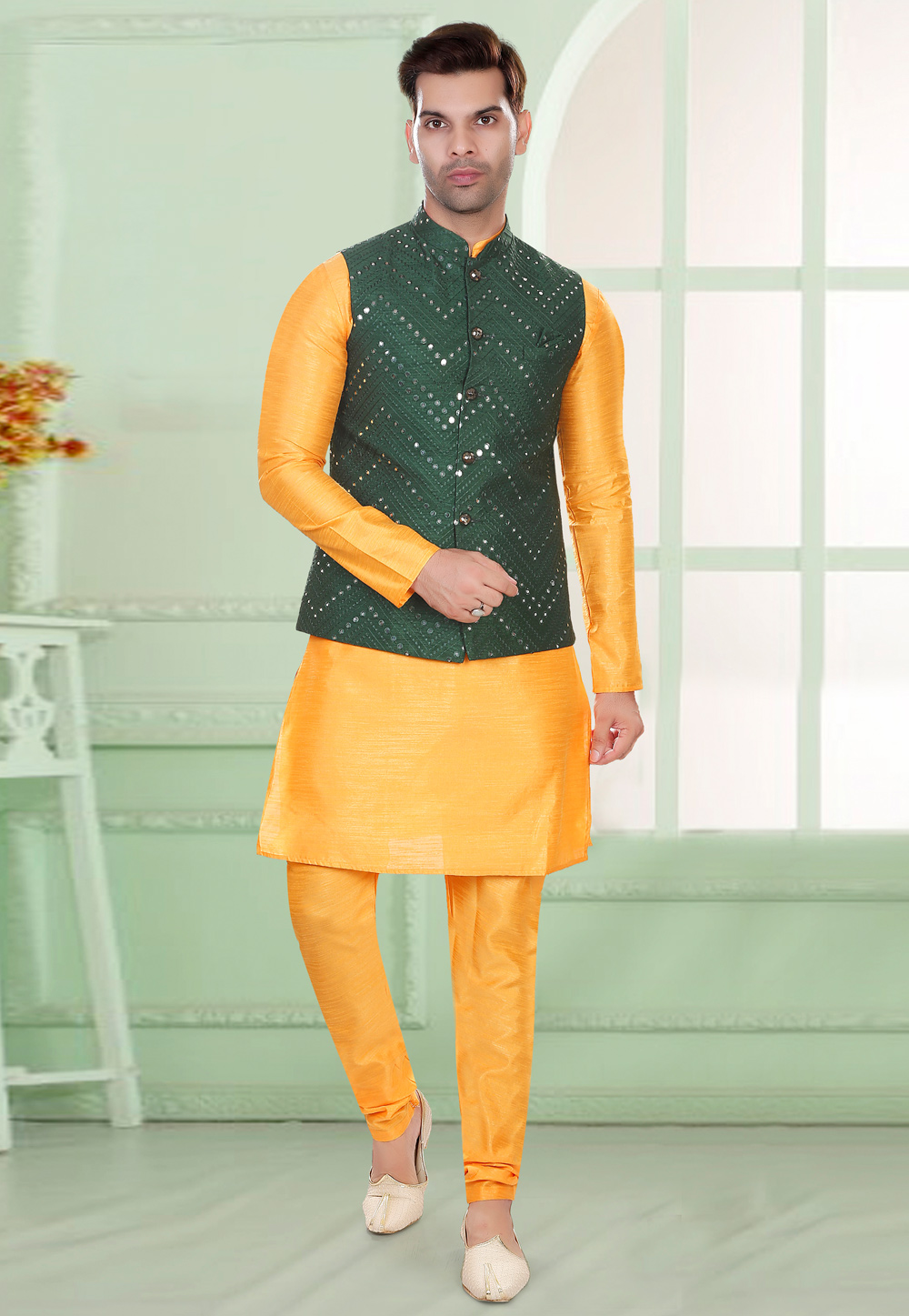 Golden Art Silk Kurta Pajama With Jacket 275145