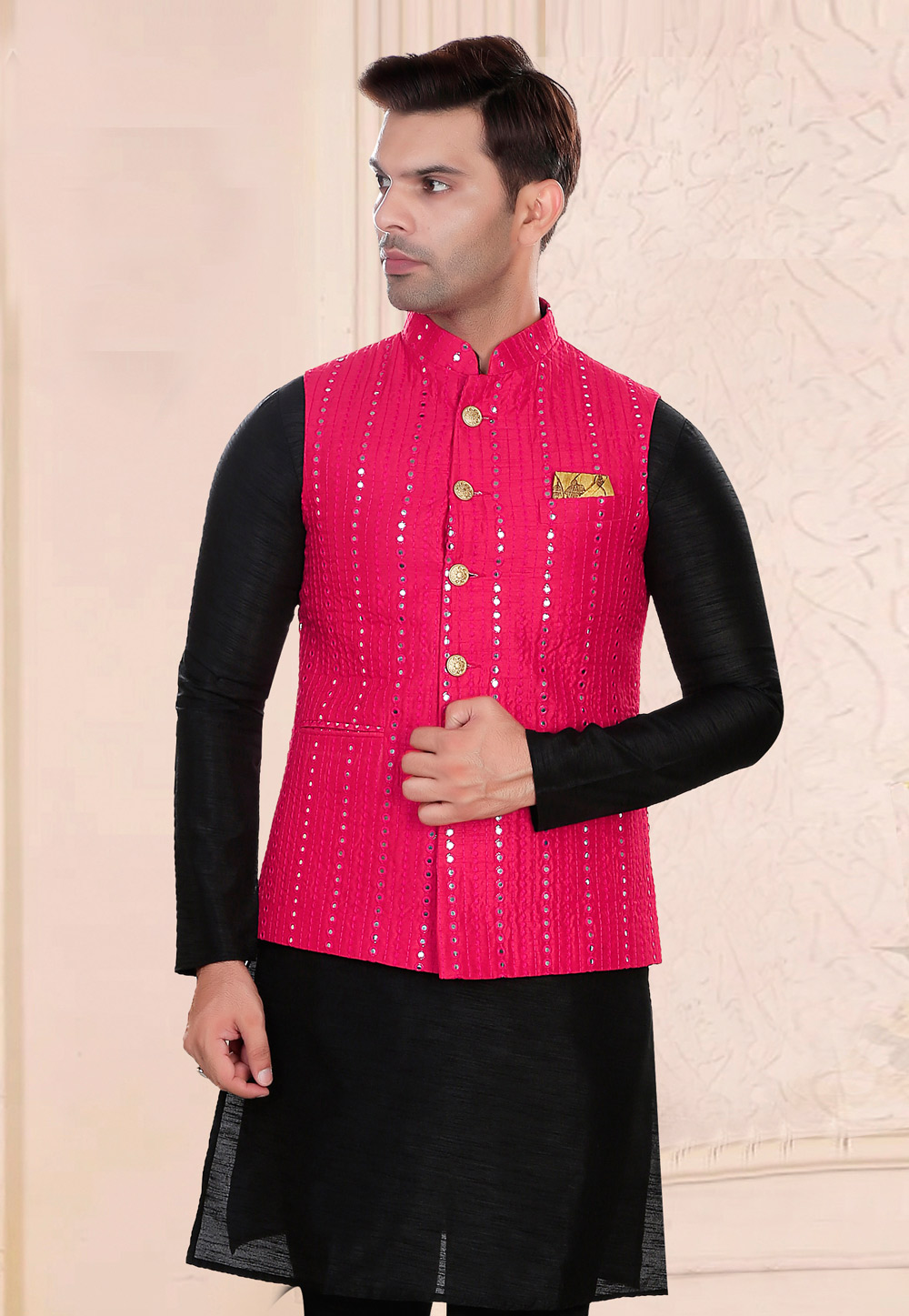 Black Party Wear Kurta Pyjama With Long Jacket