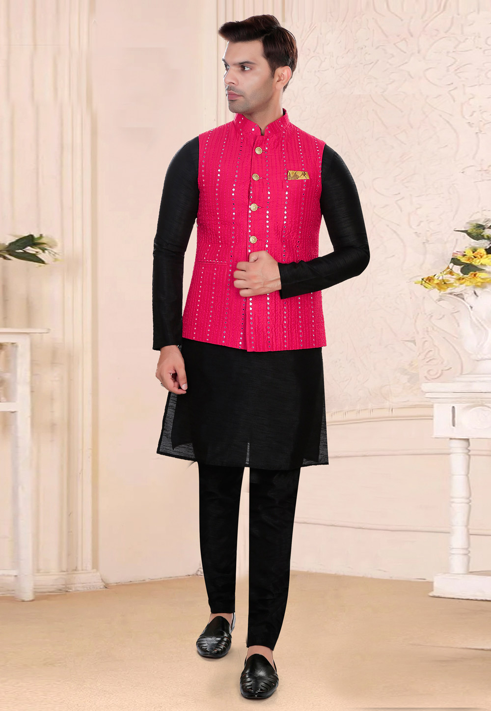 Black Art Silk Kurta Pajama With Jacket 275147