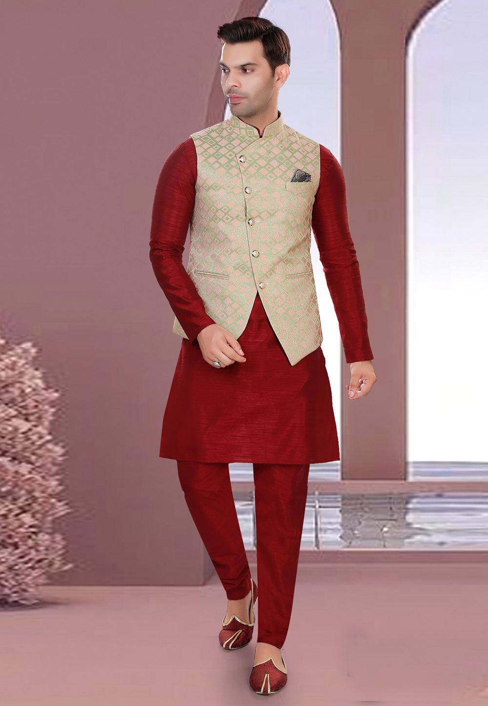 Buy Manu Men Beige & Maroon Solid Kurta With Churidar & Nehru Jacket - Kurta  Sets for Men 7145606 | Myntra