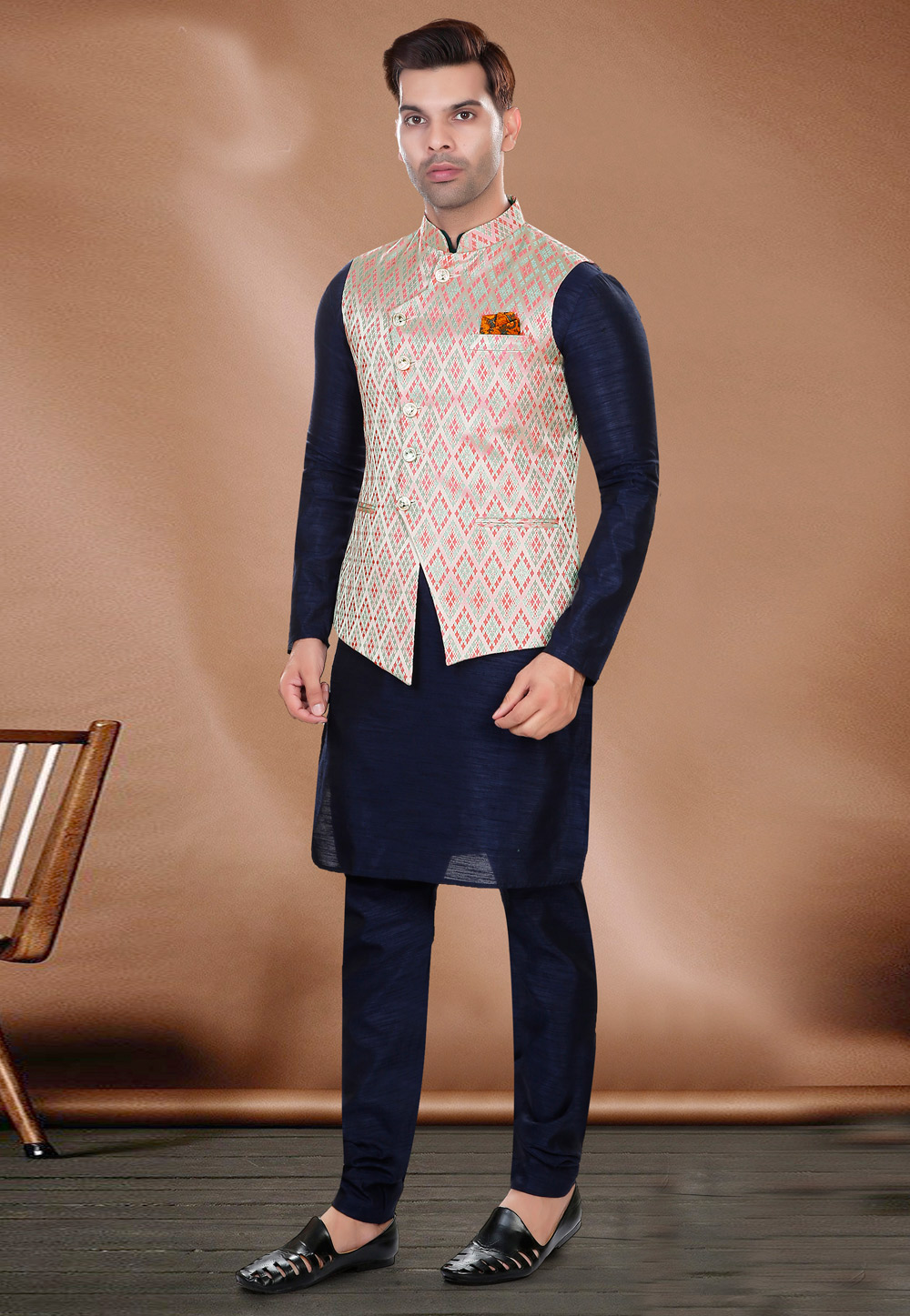 Navy Blue Art Silk Kurta Pajama With Jacket 275149