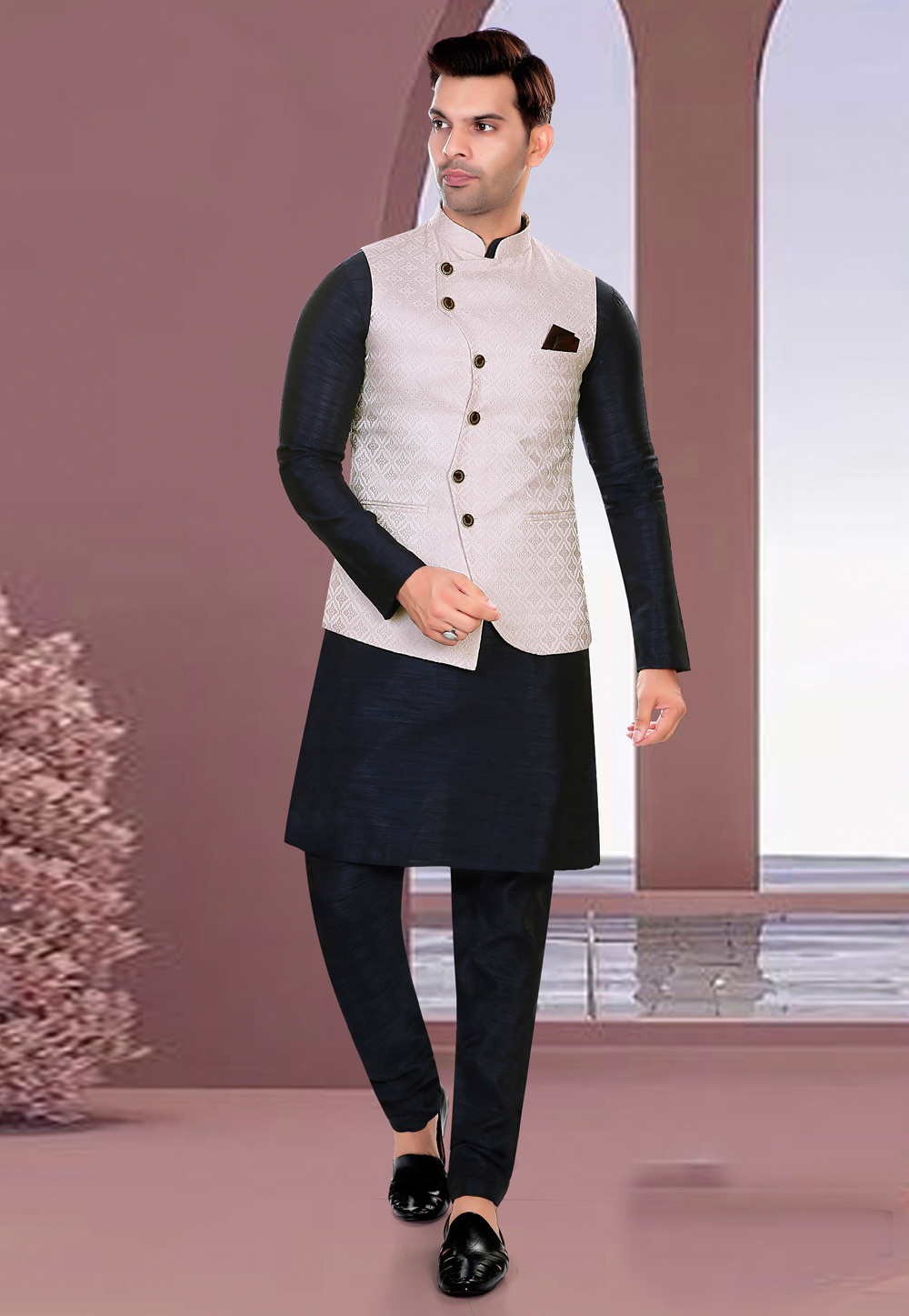 Black Art Silk Kurta Pajama With Jacket 275152