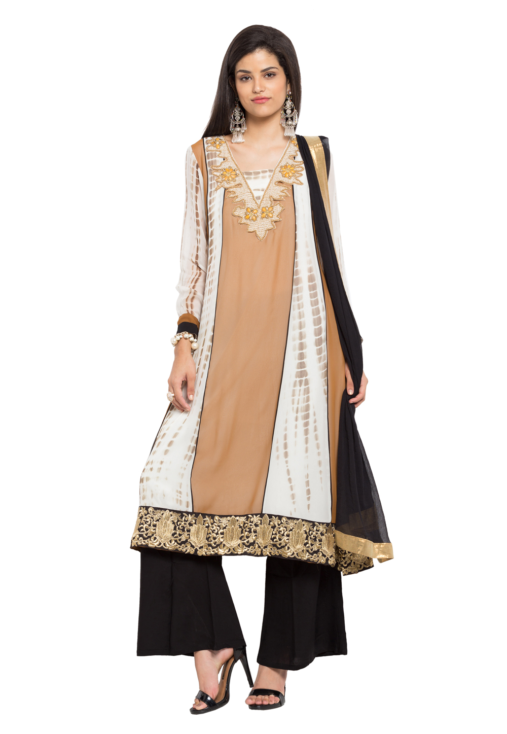 Beige Faux Georgette Readymade Palazzo Suit 230454