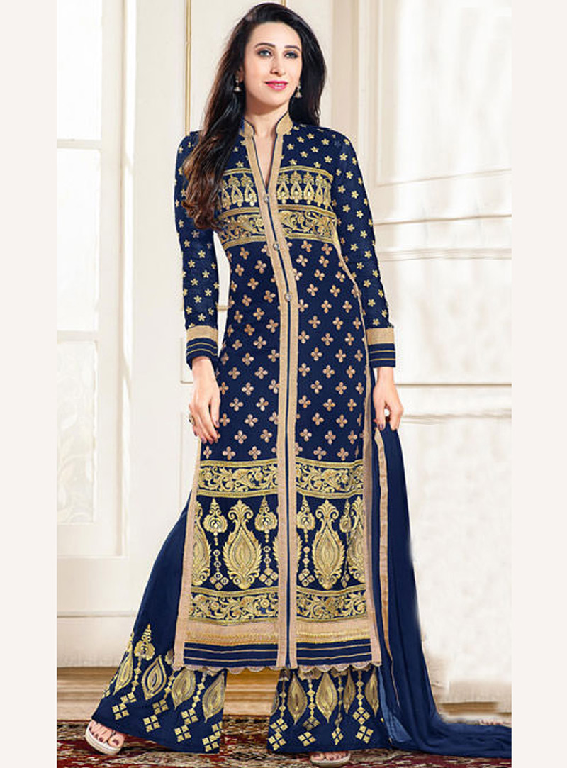 Karisma Kapoor Navy Blue Georgette Palazzo Style Suit 89943