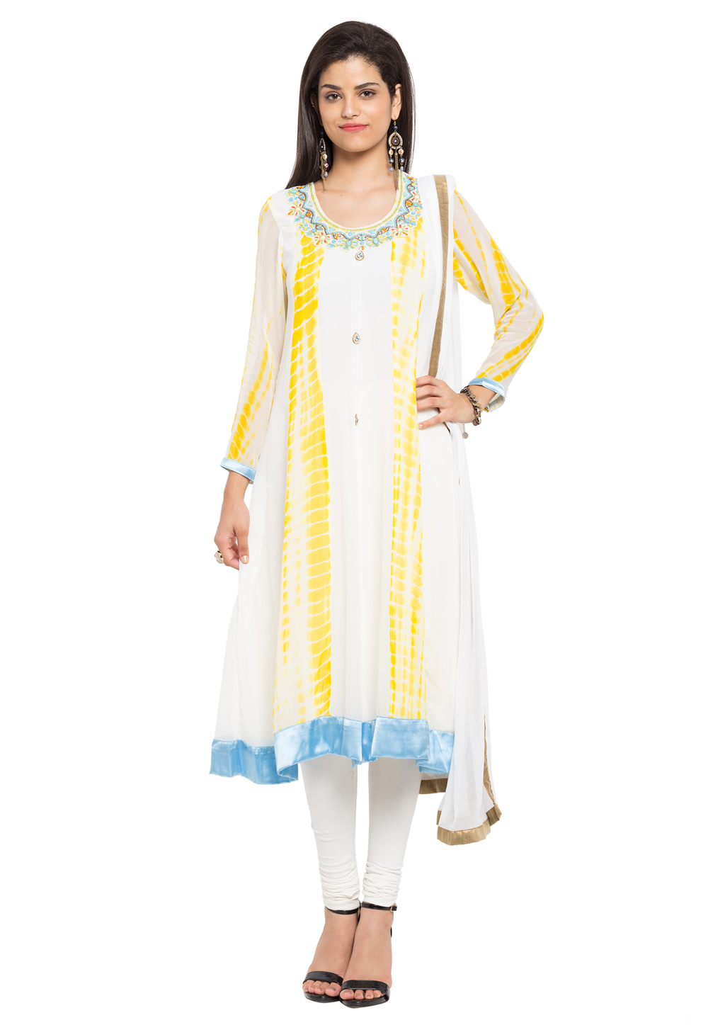 Off White Faux Georgette Readymade Churidar Suit 230455