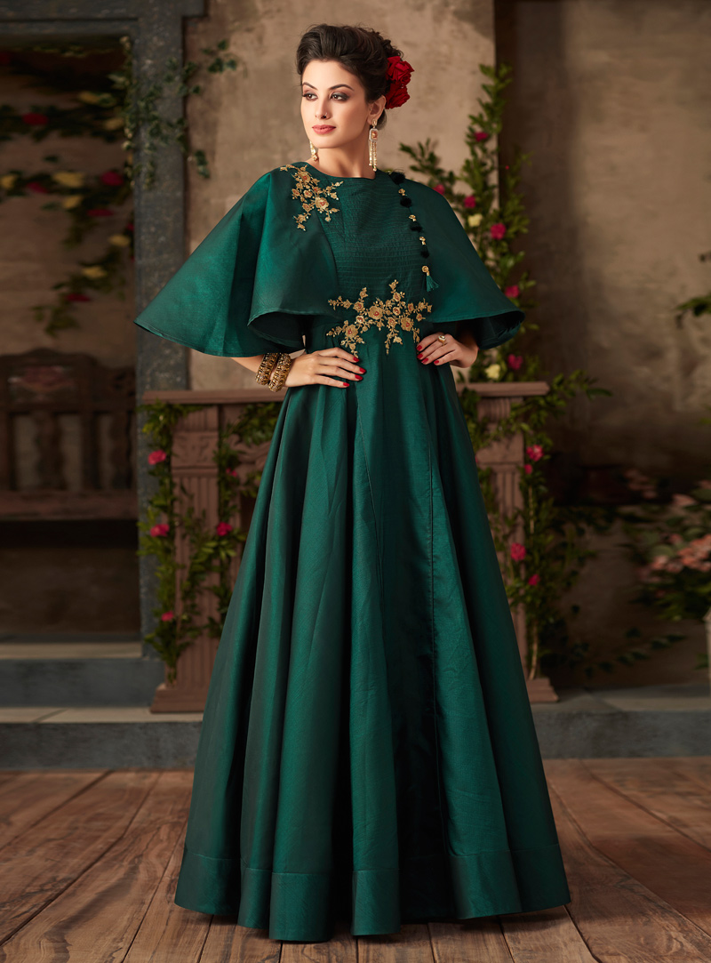 Sea Green Satin Readymade Designer Gown 143706
