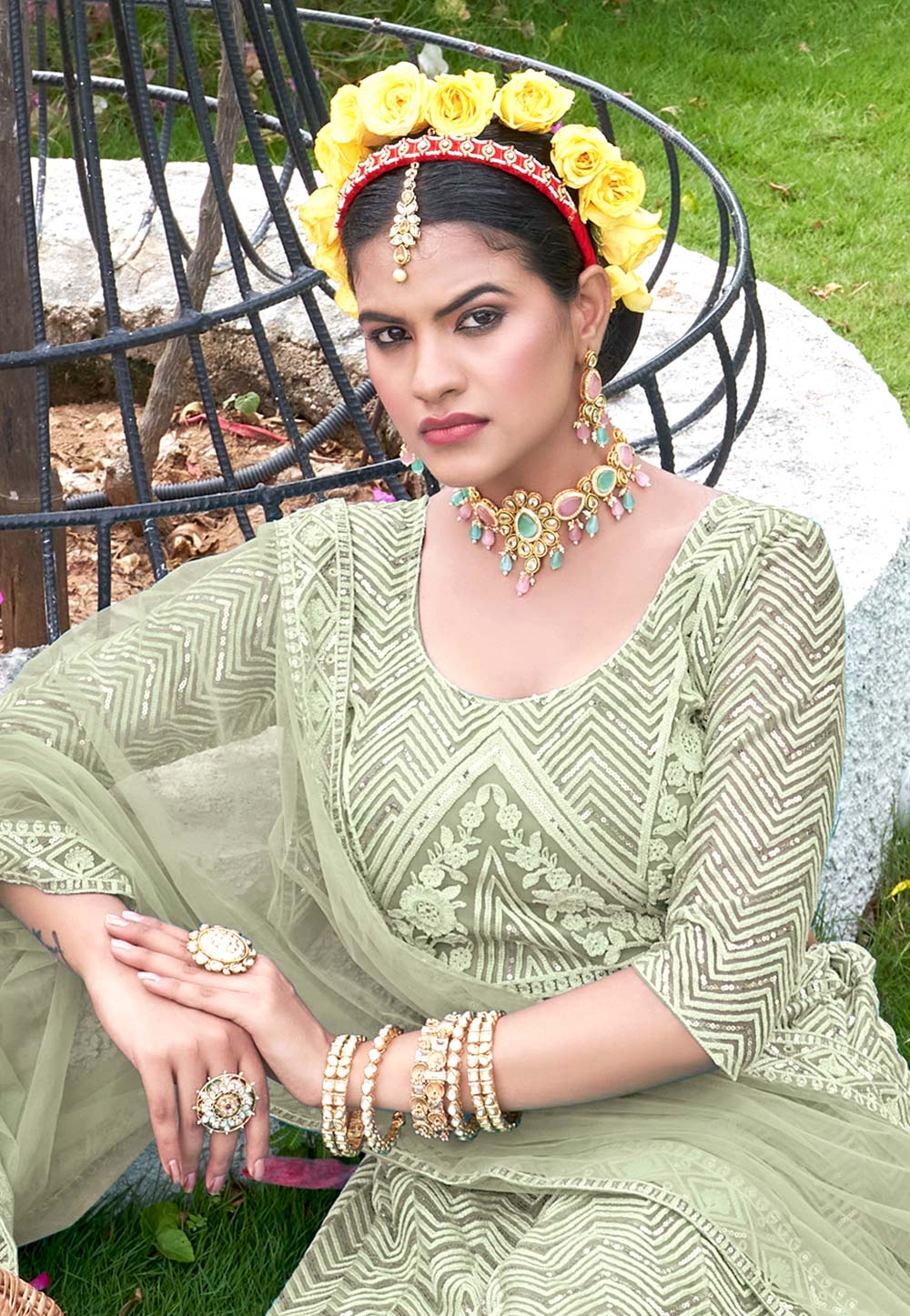 Glamorous Pista green gota, zarkan and thread embroidered organza semi  stitched bridal lehenga - MEGHALYA - 3955525