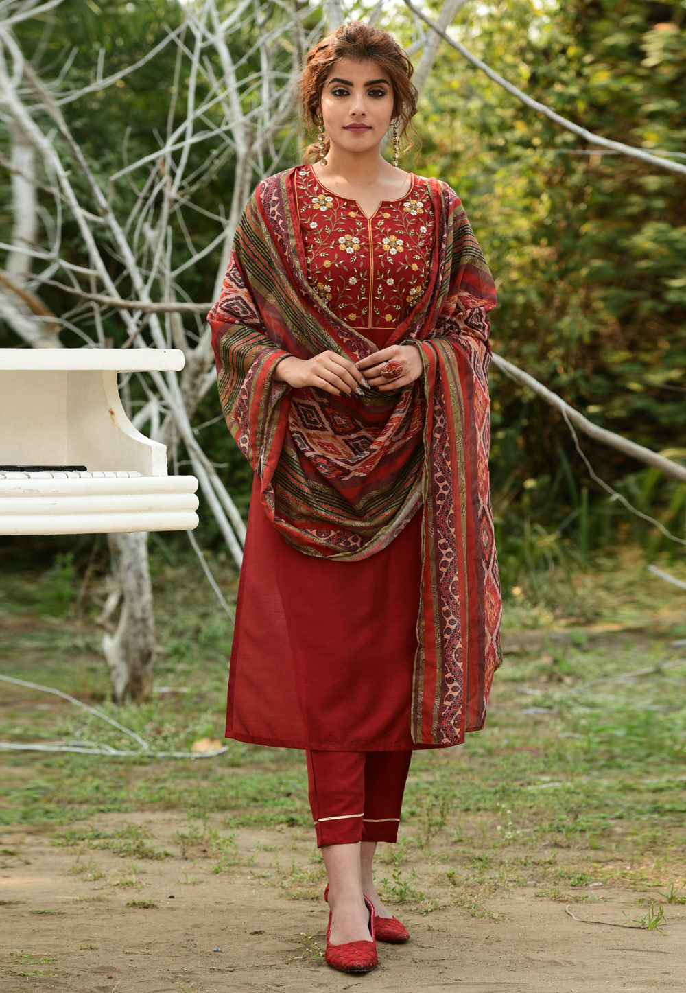Red Cotton Readymade Pant Style Suit 223986