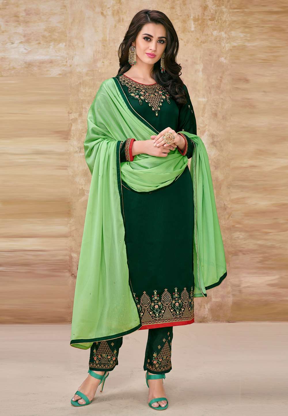 Green Satin Embroidered Pant Style Suit 166375