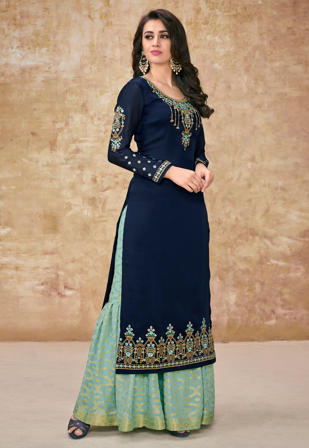 Navy Blue Satin Embroidered Sharara Suit 166378