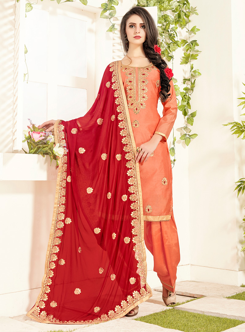 Orange Chanderi Punjabi Suit 129800