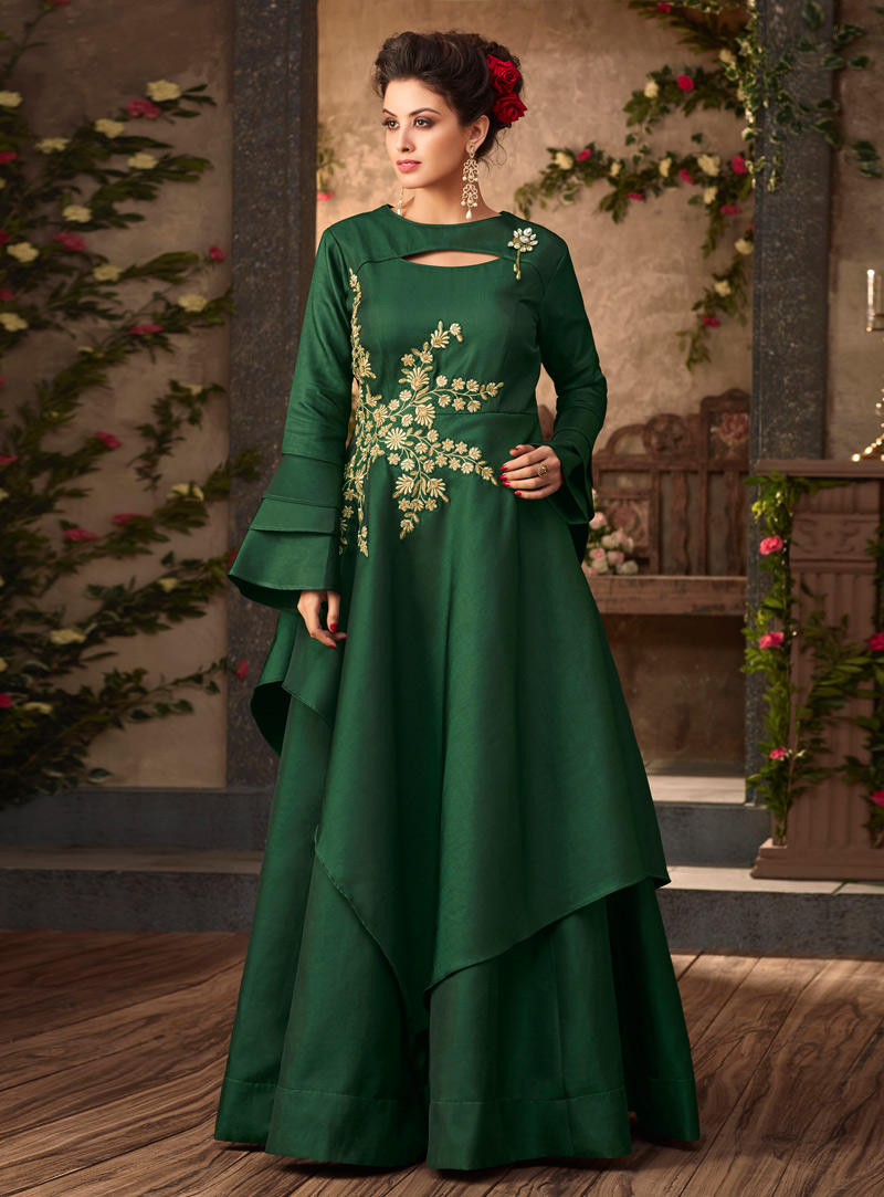 Green Satin Readymade Gown 143709