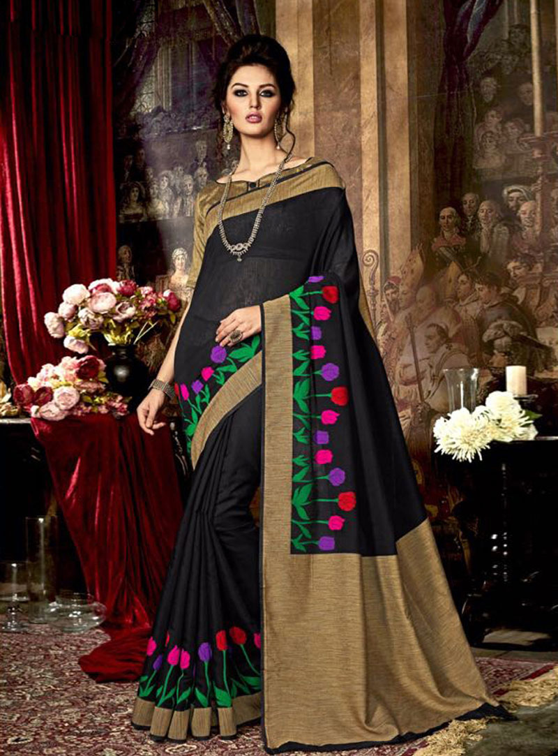 Black Silk Embroidery Work Saree 81457