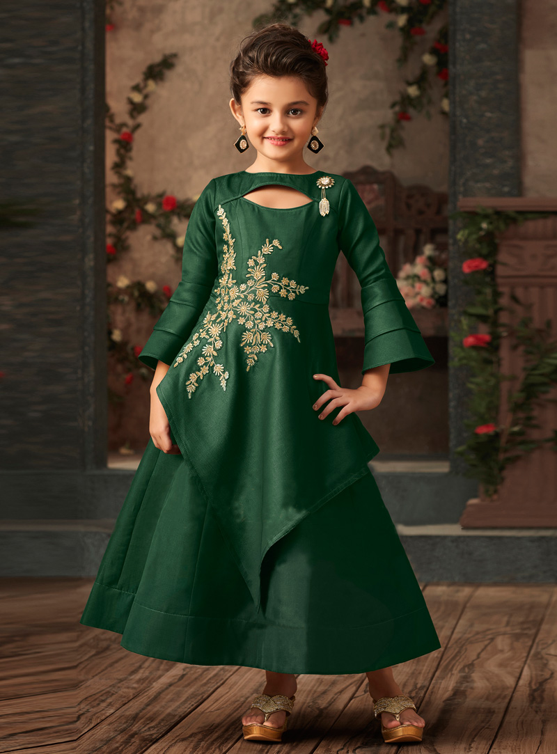 Green Satin Readymade Kids Gown 144219