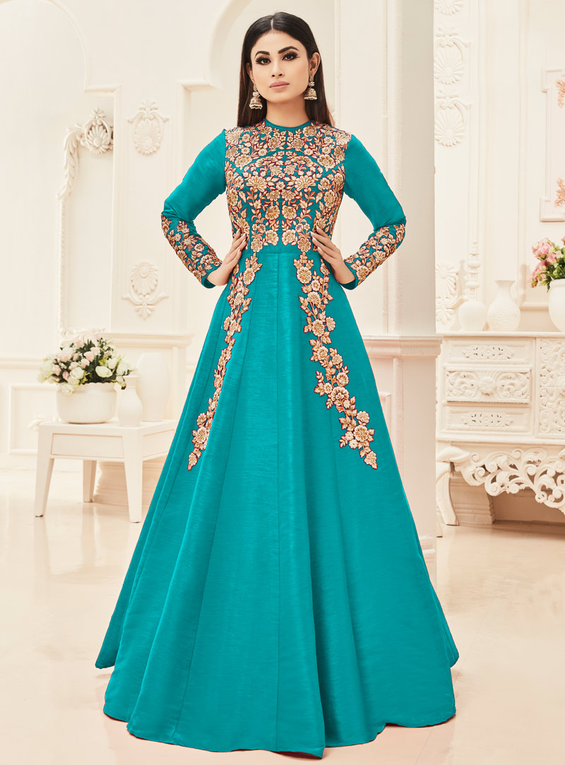 Mouni Roy Turquoise Silk Long Anarkali Suit 89368