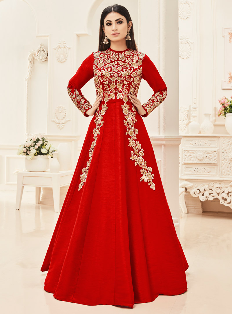 Mouni Roy Red Silk Long Anarkali Suit 89370