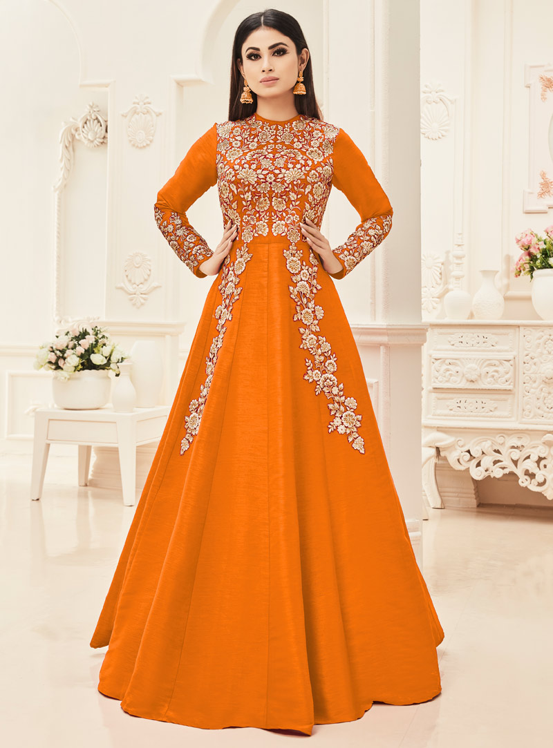 Mouni Roy Orange Silk Floor Length Anarkali Suit 89371