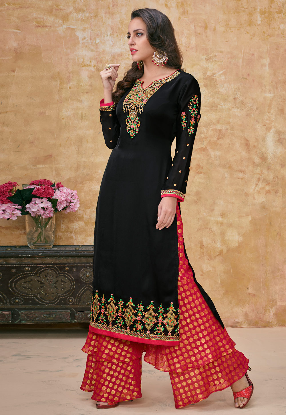 Black Satin Embroidered Palazzo Suit 166380