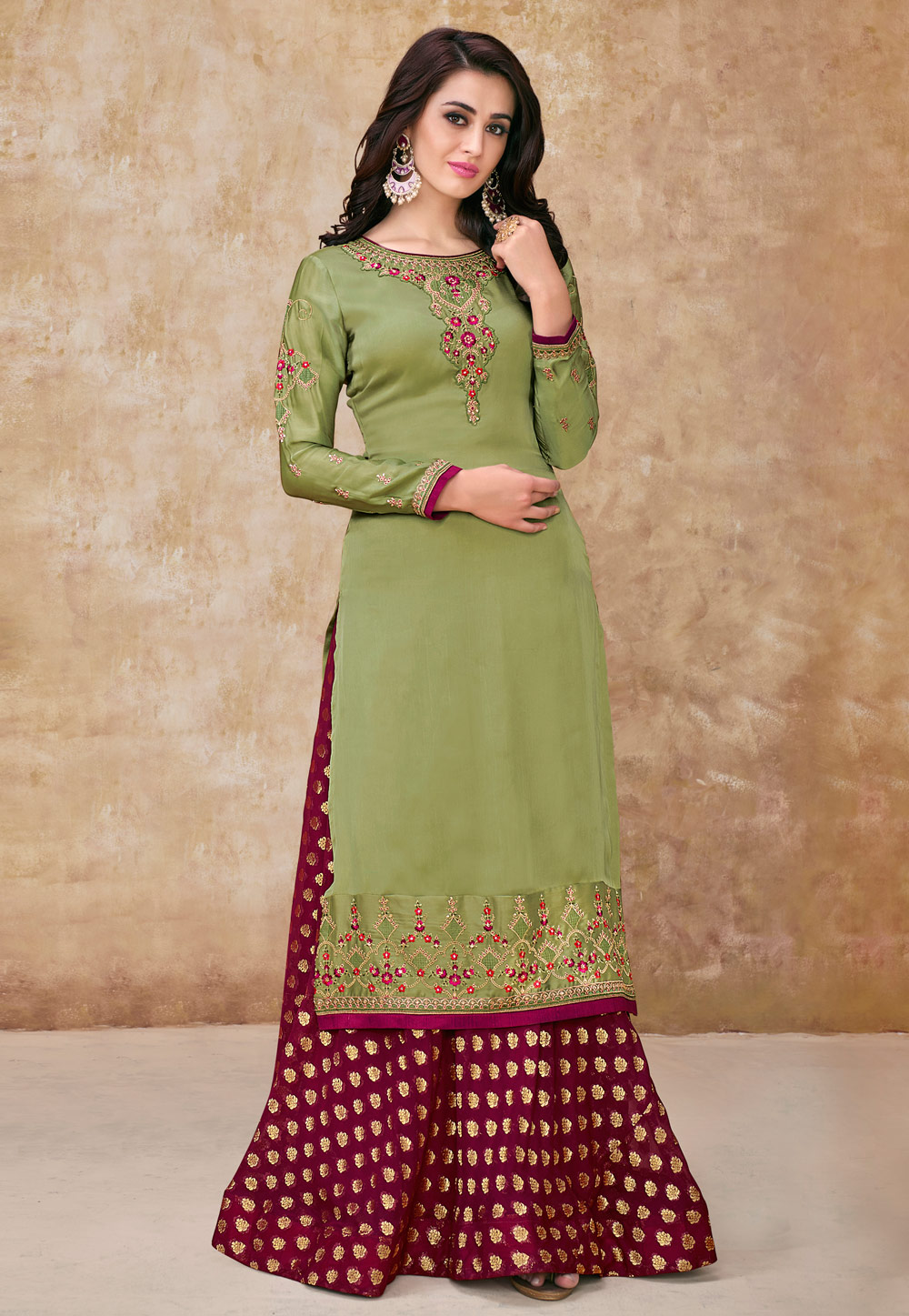 Green Satin Embroidered Kameez With Palazzo 166382