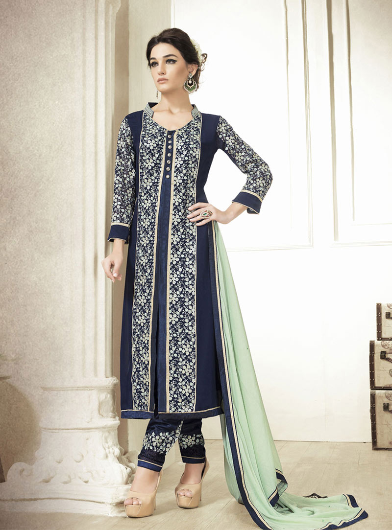 Navy Blue Georgette Pakistani Style Suit 68057