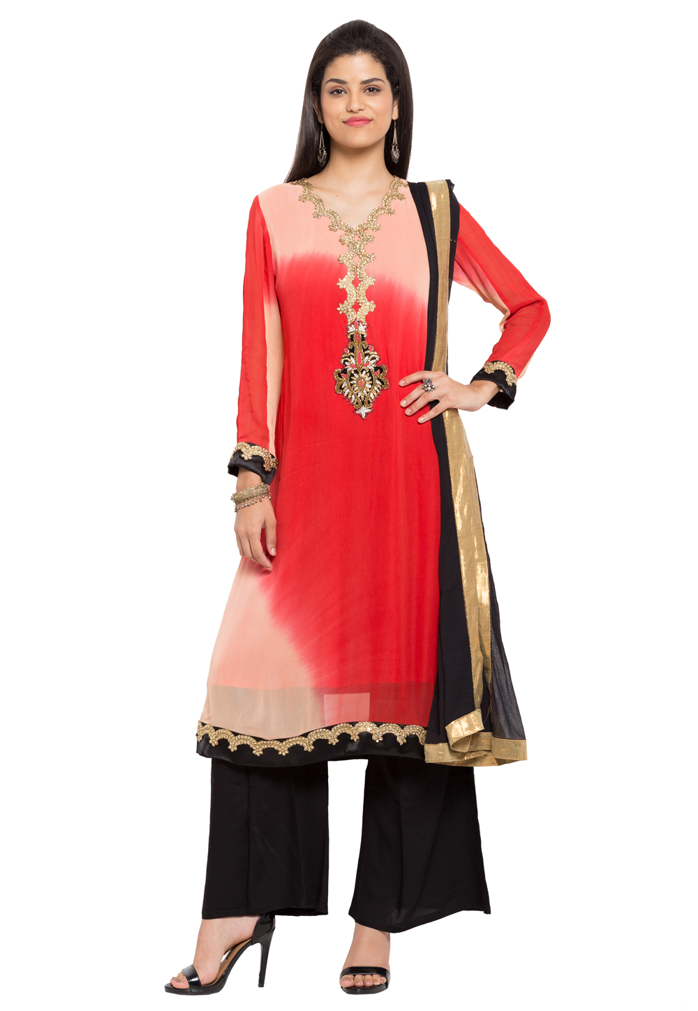 Red Faux Georgette Readymade Palazzo Suit 230456