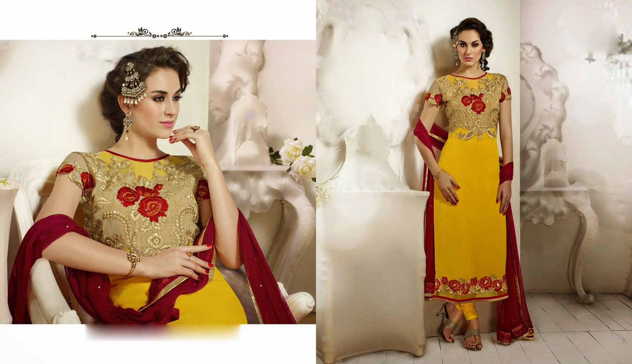 Yellow Georgette Flower Patch Work Party Wear Suit 40699