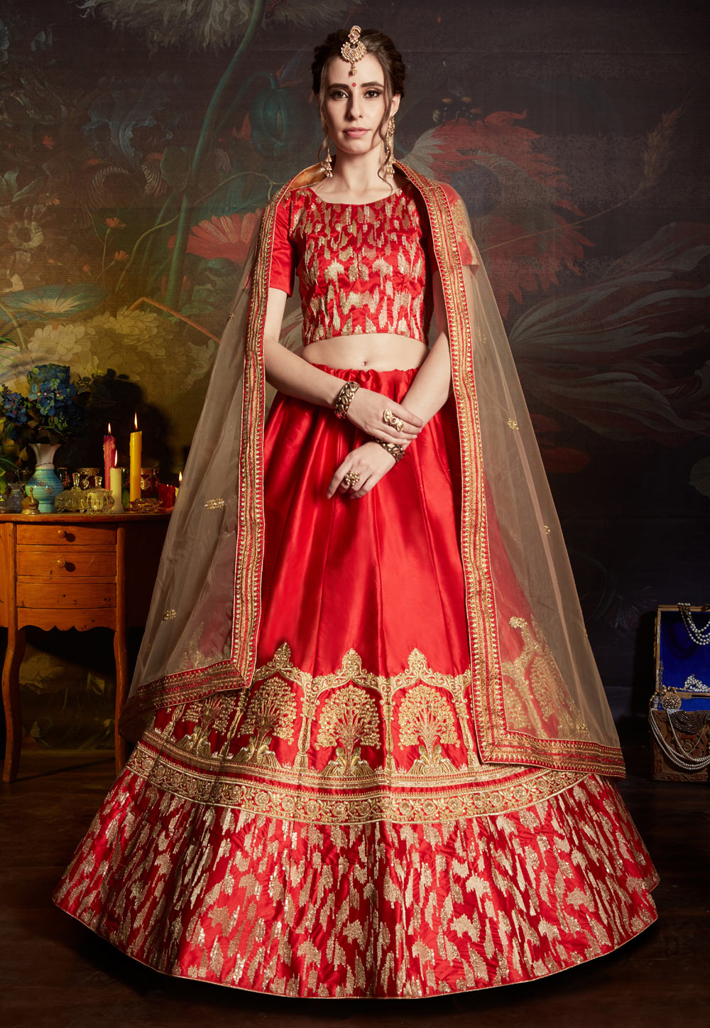 Red Satin Bridal Lehenga Choli 163045