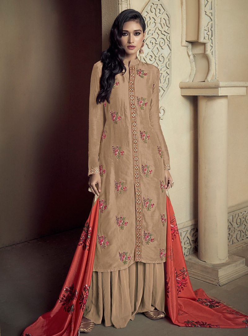 Brown Upada Silk Palazzo Style Suit 147347