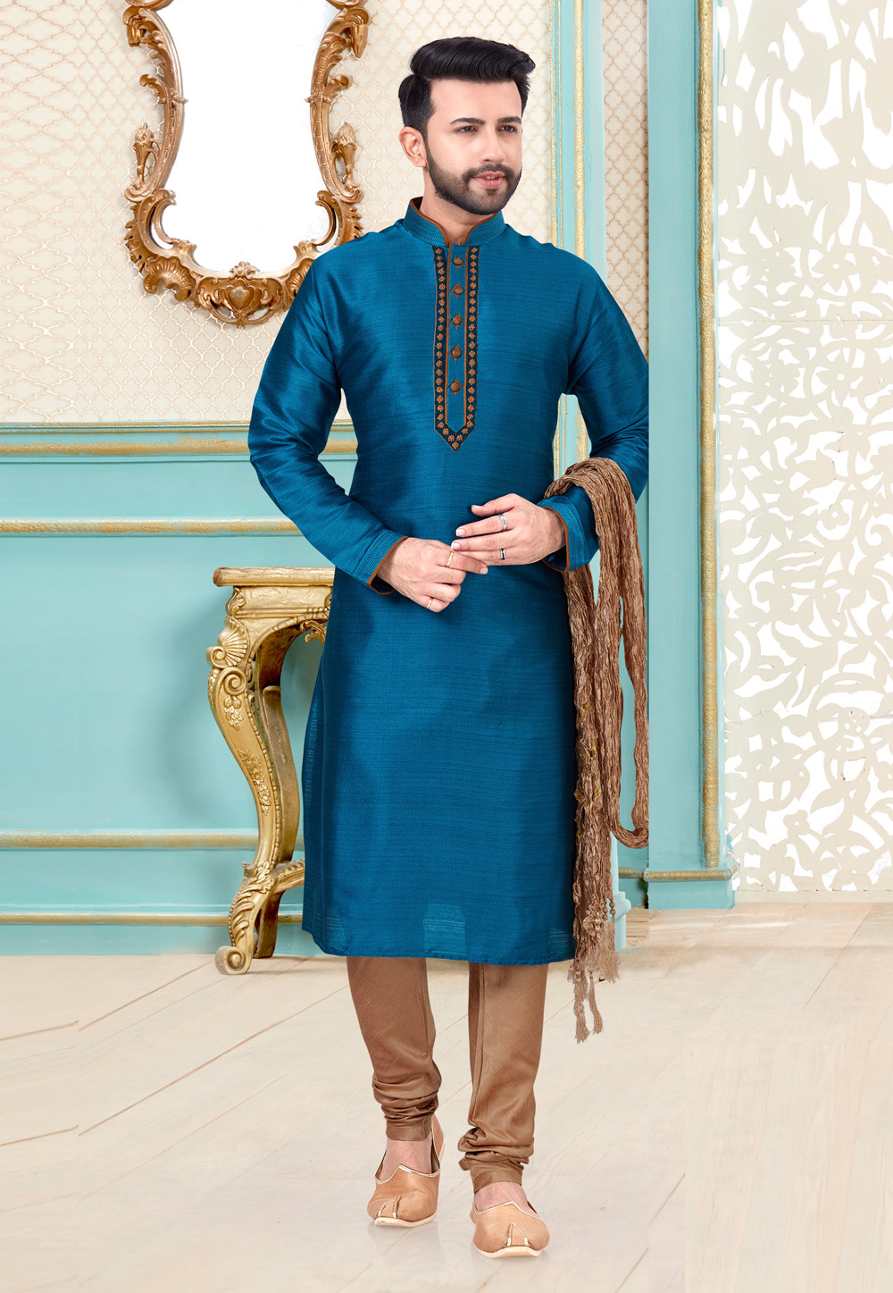 Blue Banarasi Silk Kurta Pajama 216058