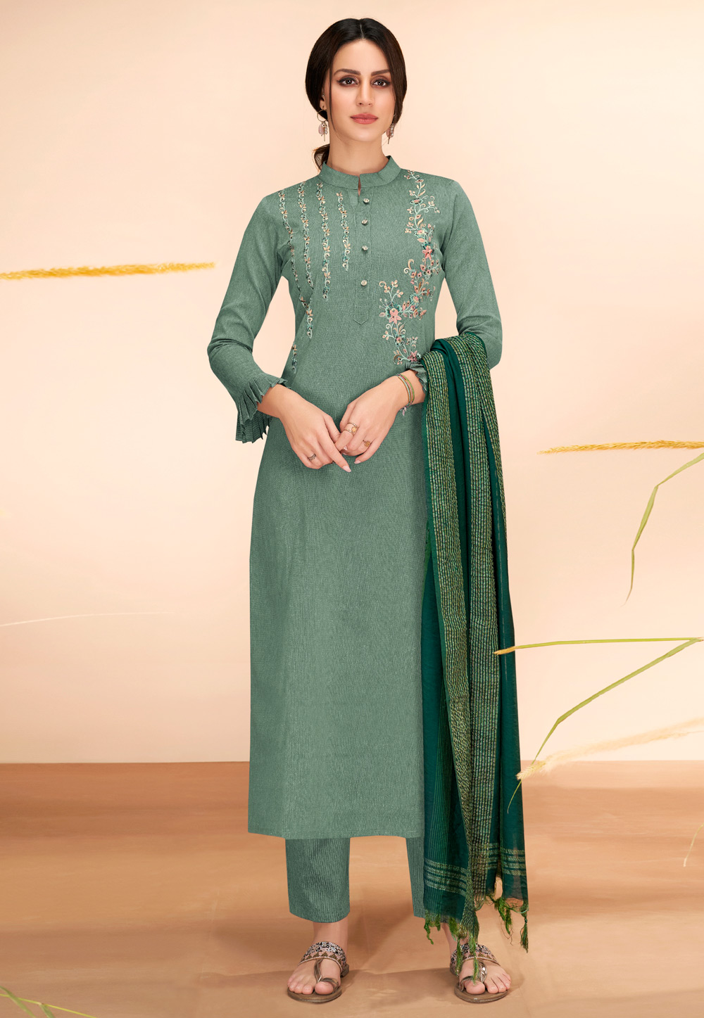 Light Green Cotton Readymade Pant Style Suit 240943