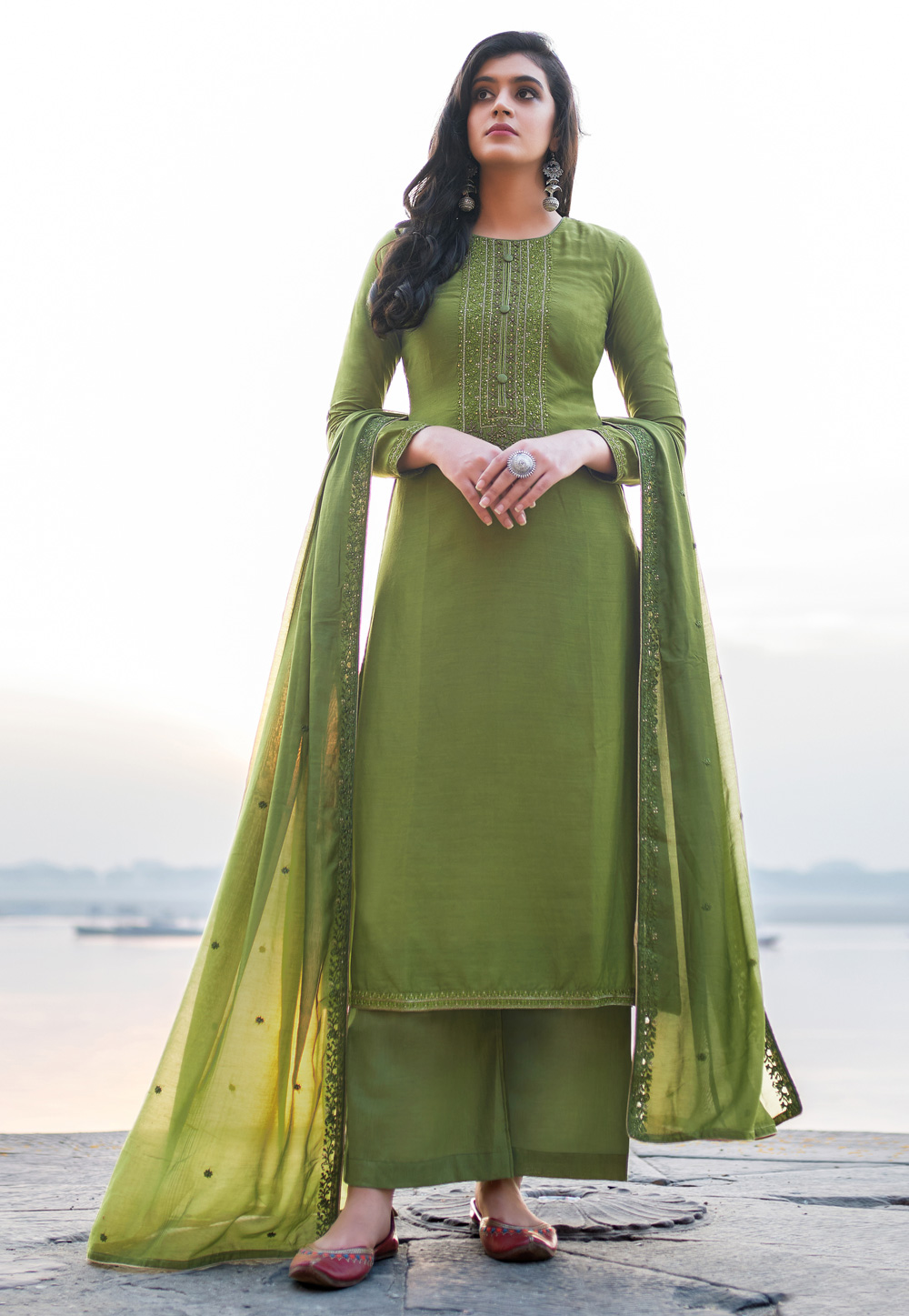Green Cotton Silk Kameez With Palazzo 218762