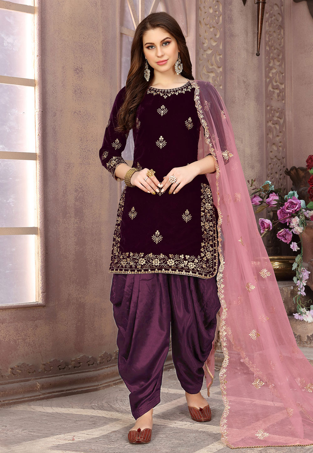 Purple Velvet Embroidered Punjabi Suit 194852