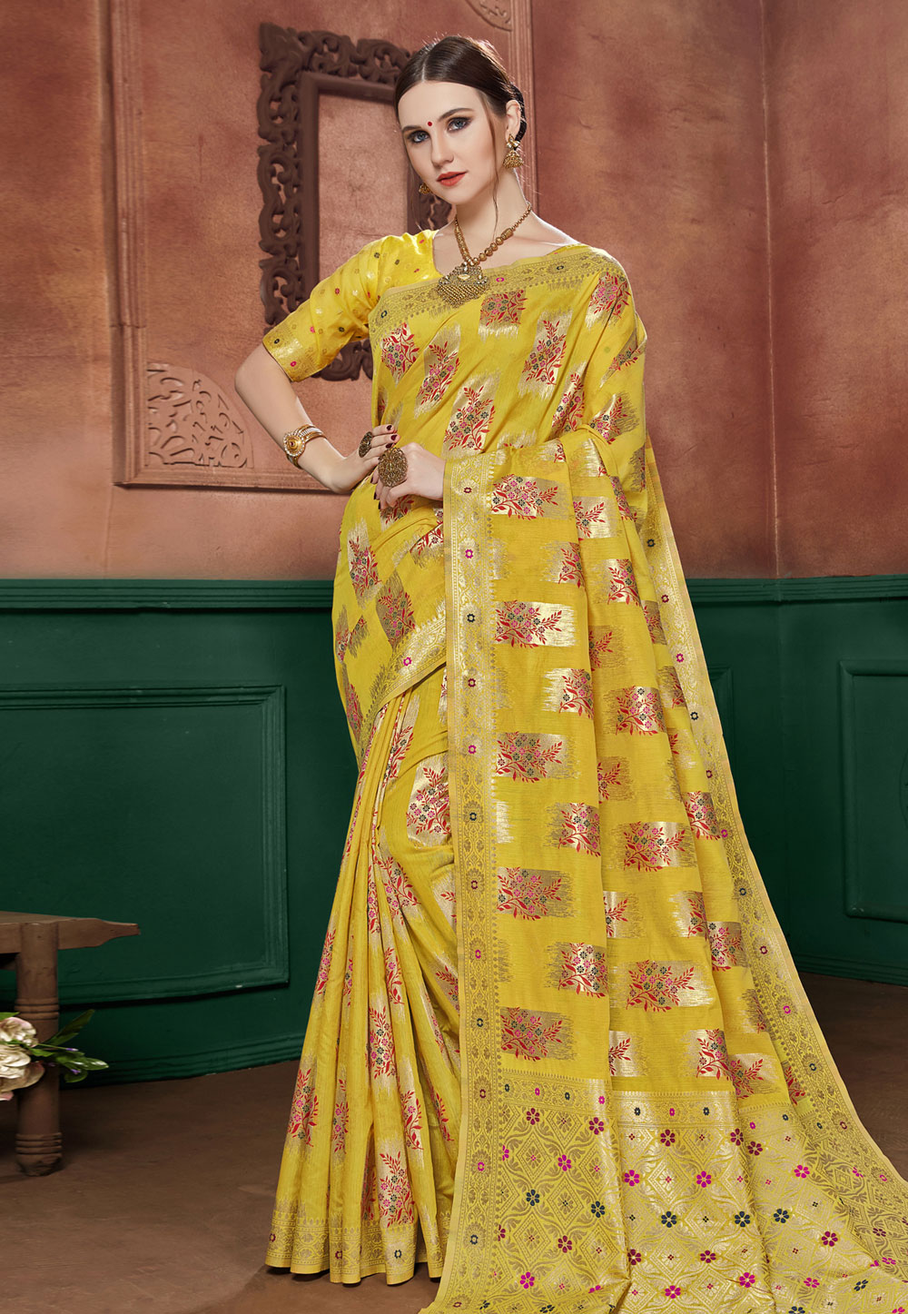 Yellow Banarasi Cotton Silk Festival Wear Saree 198189