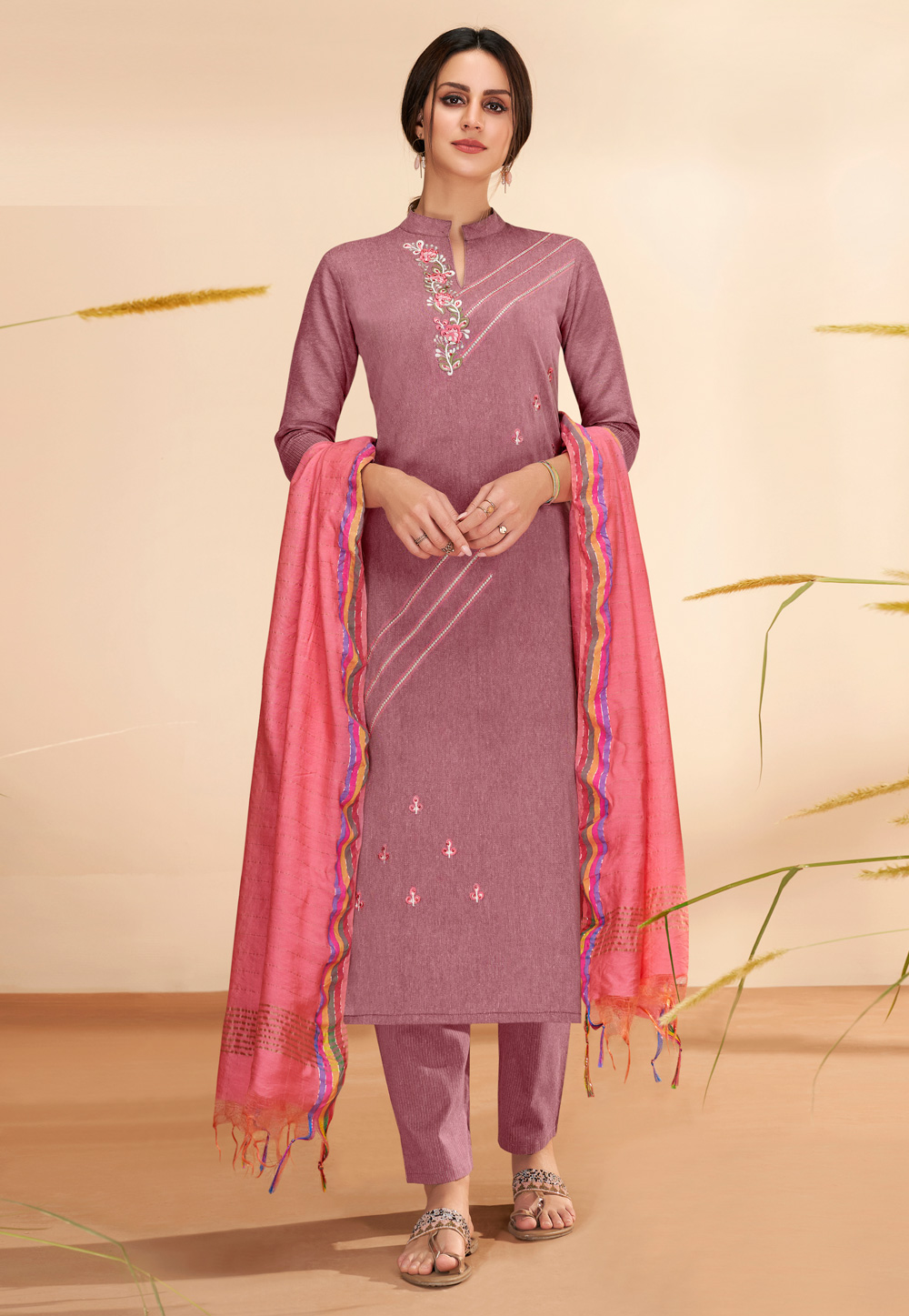 Pink Cotton Readymade Kameez With Pant 240944