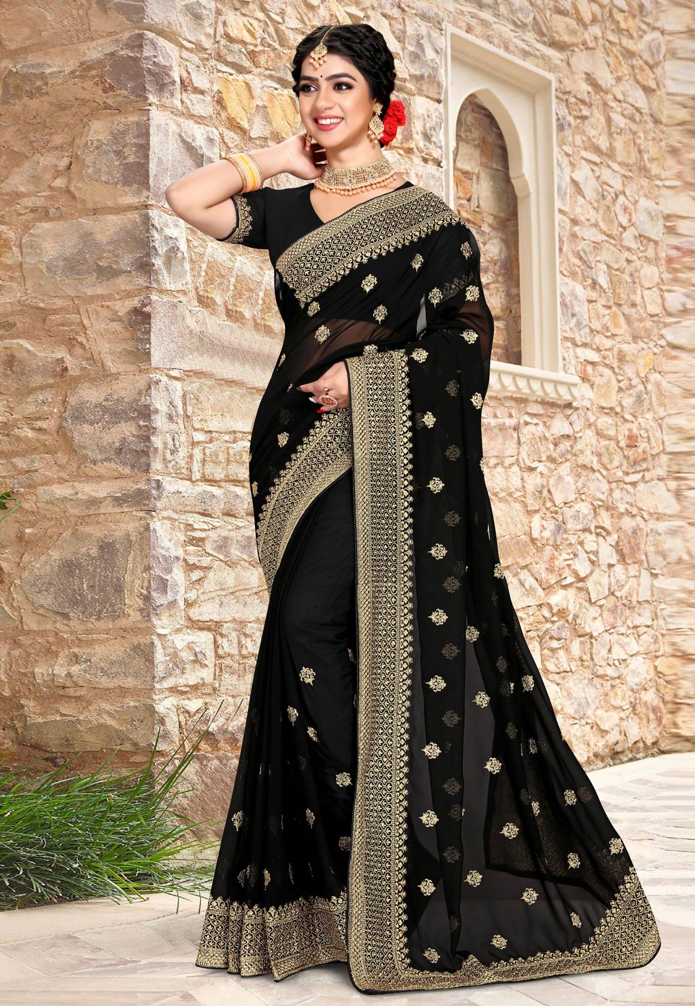 Readymade Georgette Saree In Black