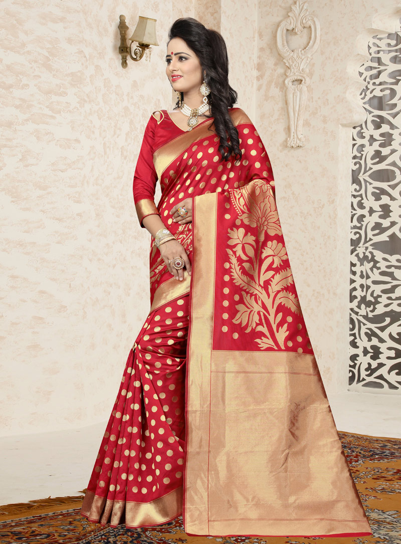 Red Banarasi Silk Saree With Blouse 144028