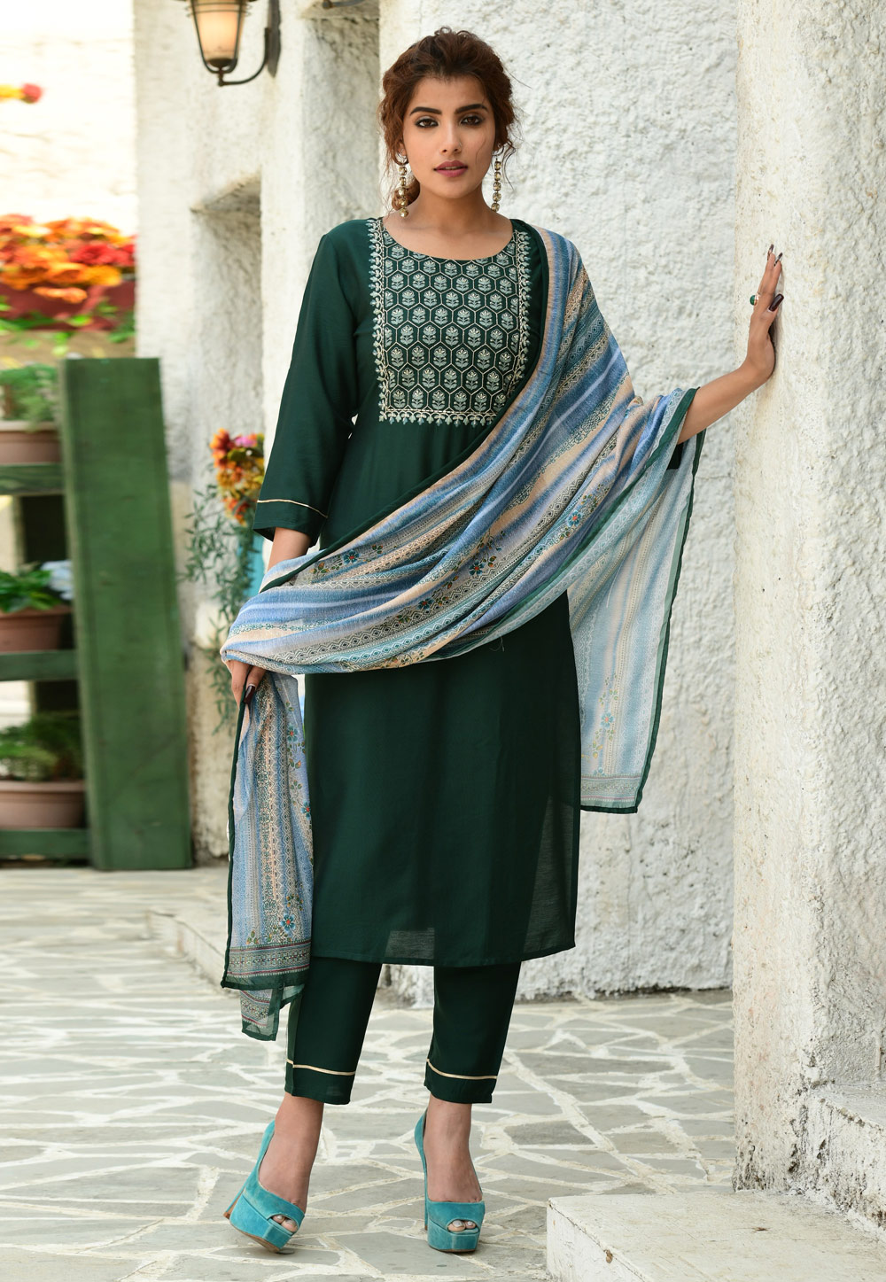 Green Cotton Readymade Pant Style Suit 223987