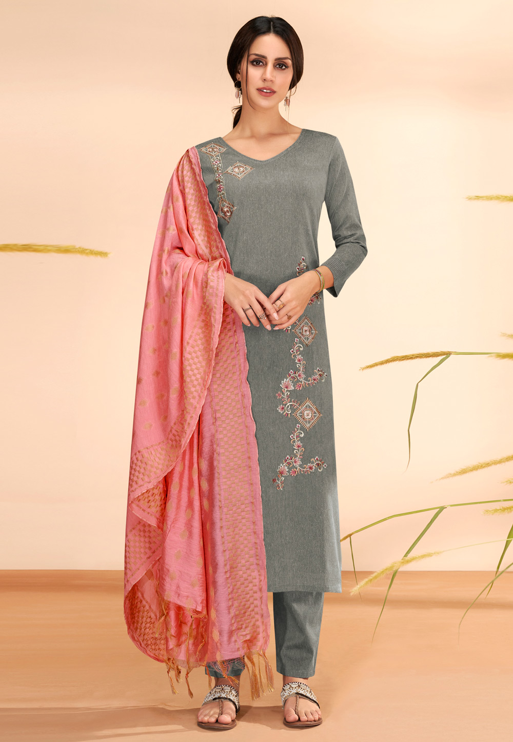 Grey Cotton Readymade Pant Style Suit 240945