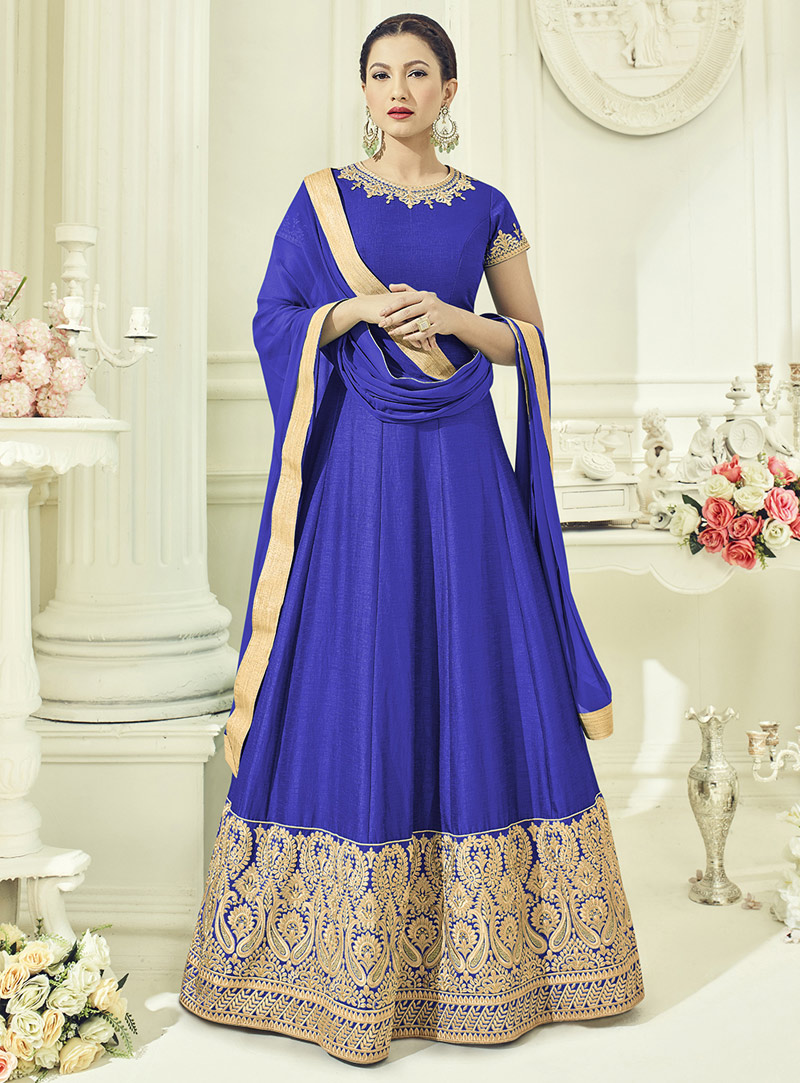 Gauhar Khan Blue Silk Floor Length Anarkali Suit 94688