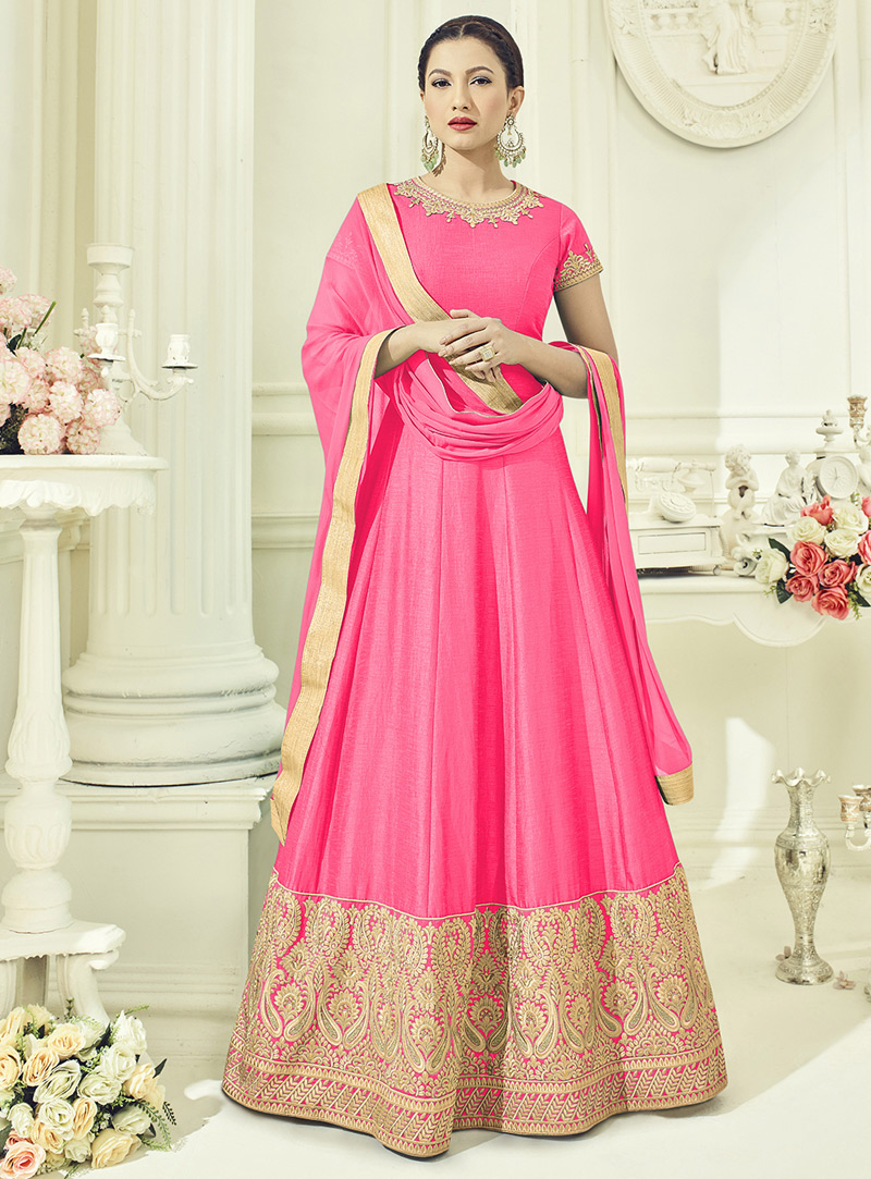 Gauhar Khan Pink Silk Long Anarkali Suit 94689
