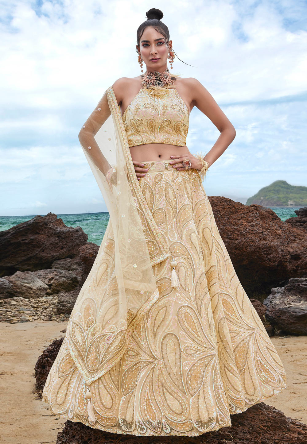 Beige Net Lehenga Choli 275688