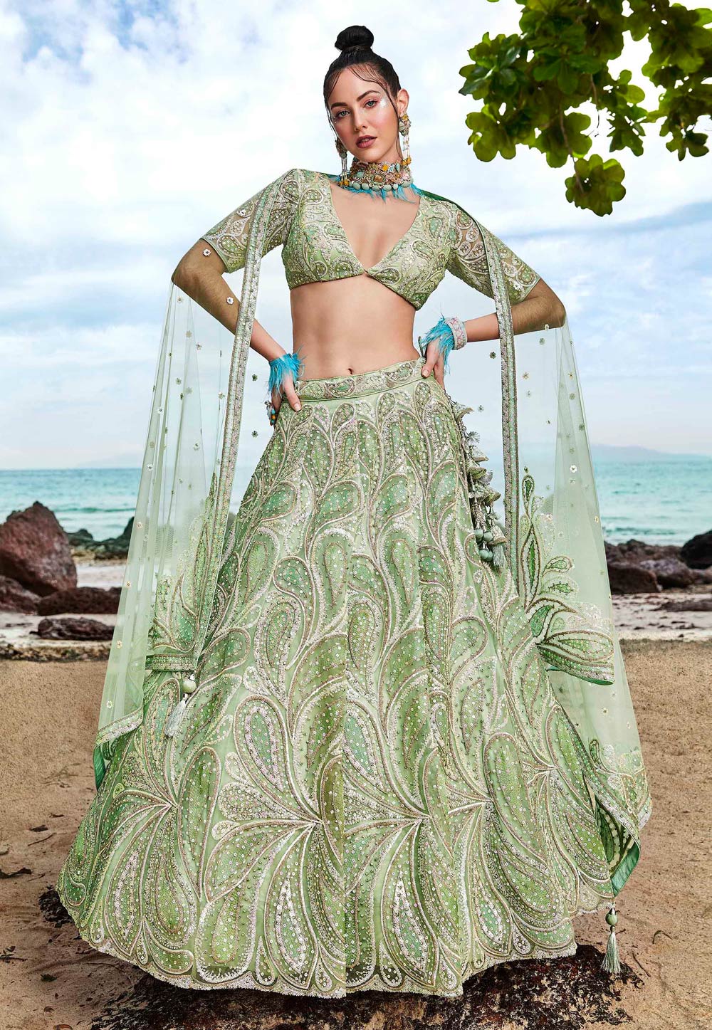Light Green Net Lehenga Choli For Wedding 275689
